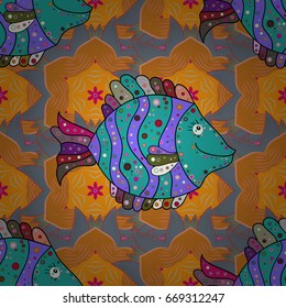 Exotic fish isolated on colored background. Vector illustration. Sea fish on colored background. Vector cartoon close-up illustration.