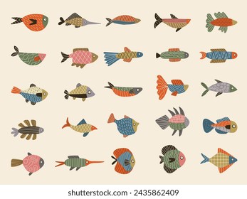 Exotic fish. Marine underwater life recent vector stylized illustrations with fishes