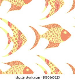 Exotic Fish. Seamless Pattern with Colorful Fish Hand Drawn in Comic Style. Sea Pattern for Paper, Fabric, Print. Bright Simple Texture in Trendy Colors. Vector Illustration.