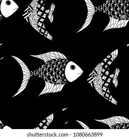 Exotic Fish. Seamless Pattern with Colorful Fish Hand Drawn in Comic Style. Sea Pattern for Paper, Chintz, Print. Bright Simple Texture in Trendy Colors. Vector Illustration.