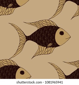 Exotic Fish. Seamless Pattern with Colorful Fish Hand Drawn in Comic Style. Sea Pattern for Paper, Fabric, Print. Bright Simple Texture in Trendy Colors. Vector Illustration.