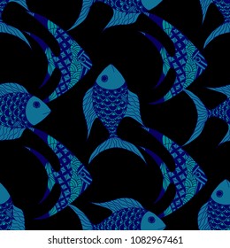 Exotic Fish. Seamless Pattern with Colorful Fish Hand Drawn in Doodle Style. Sea Pattern for Paper, Chintz, Swimwear. Bright Simple Texture in Trendy Colors. Vector Illustration.