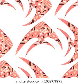 Exotic Fish. Seamless Pattern with Colorful Fish Hand Drawn in Doodle Style. Sea Pattern for Textile, Fabric, Print. Bright Simple Texture in Trendy Colors. Vector Illustration.