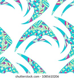 Exotic Fish. Seamless Pattern with Colorful Fish Hand Drawn in Childish Style. Sea Pattern for Paper, Fabric, Print. Bright Simple Texture in Trendy Colors. Vector Illustration.