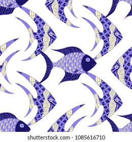 Exotic Fish. Seamless Pattern with Colorful Fish Hand Drawn in Doodle Style. Sea Pattern for Textile, Fabric, Print. Bright Simple Texture in Trendy Colors. Vector Illustration.
