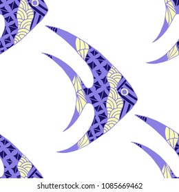 Exotic Fish. Seamless Pattern with Colorful Fish Hand Drawn in Zentangle Style. Sea Pattern for Paper, Fabric, Print. Bright Simple Texture in Trendy Colors. Vector Illustration.