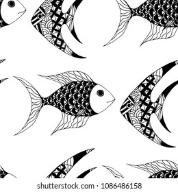 Exotic Fish. Seamless Pattern with Colorful Fish Hand Drawn in Doodle Style. Sea Pattern for Textile, Fabric, Print. Bright Simple Texture in Trendy Colors. Vector Illustration.