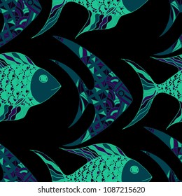 Exotic Fish. Seamless Pattern with Colorful Fish Hand Drawn in Doodle Style. Sea Pattern for Paper, Chintz, Swimwear. Bright Simple Texture in Trendy Colors. Vector Illustration.