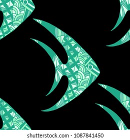 Exotic Fish. Seamless Pattern with Colorful Fish Hand Drawn in Zentangle Style. Sea Pattern for Textile, Fabric, Print. Bright Simple Texture in Trendy Colors. Vector Illustration.