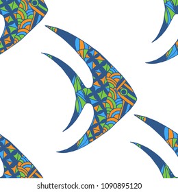 Exotic Fish. Seamless Pattern with Colorful Fish Hand Drawn in Primitive Style. Sea Pattern for Paper, Fabric, Print. Bright Simple Texture in Trendy Colors. Vector Illustration.