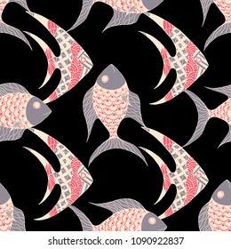 Exotic Fish. Seamless Pattern with Colorful Fish Hand Drawn in Childish Style. Sea Pattern for Paper, Fabric, Print. Bright Simple Texture in Trendy Colors. Vector Illustration.