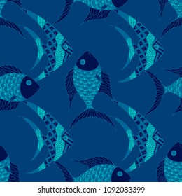 Exotic Fish. Seamless Pattern with Colorful Fish Hand Drawn in Primitive Style. Sea Pattern for Paper, Fabric, Print. Bright Simple Texture in Trendy Colors. Vector Illustration.