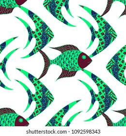 Exotic Fish. Seamless Pattern with Colorful Fish Hand Drawn in Zentangle Style. Sea Pattern for Paper, Chintz, Print. Bright Simple Texture in Trendy Colors. Vector Illustration.