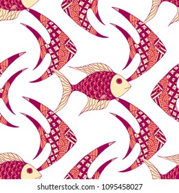 Exotic Fish. Seamless Pattern with Colorful Fish Hand Drawn in Zentangle Style. Sea Pattern for Paper, Fabric, Print. Bright Simple Texture in Trendy Colors. Vector Illustration.