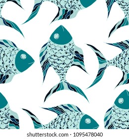 Exotic Fish. Seamless Pattern with Colorful Fish Hand Drawn in Primitive Style. Sea Pattern for Paper, Chintz, Print. Bright Simple Texture in Trendy Colors. Vector Illustration.