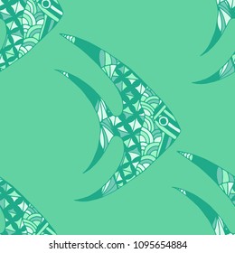 Exotic Fish. Seamless Pattern with Colorful Fish Hand Drawn in Zentangle Style. Sea Pattern for Textile, Fabric, Print. Bright Simple Texture in Trendy Colors. Vector Illustration.