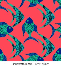 Exotic Fish. Seamless Pattern with Colorful Fish Hand Drawn in Doodle Style. Sea Pattern for Paper, Chintz, Swimwear. Bright Simple Texture in Trendy Colors. Vector Illustration.