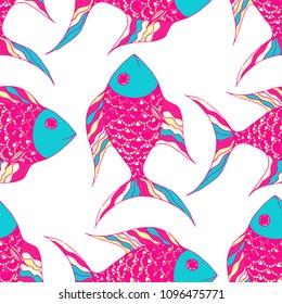 Exotic Fish. Seamless Pattern with Colorful Fish Hand Drawn in Primitive Style. Sea Pattern for Paper, Chintz, Print. Bright Simple Texture in Trendy Colors. Vector Illustration.