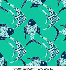 Exotic Fish. Seamless Pattern with Colorful Fish Hand Drawn in Primitive Style. Sea Pattern for Textile, Fabric, Print. Bright Simple Texture in Trendy Colors. Vector Illustration.