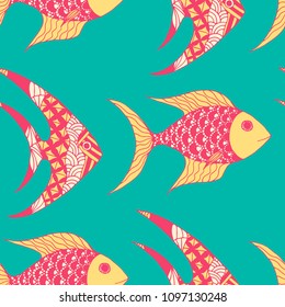 Exotic Fish. Seamless Pattern with Colorful Fish Hand Drawn in Primitive Style. Sea Pattern for Paper, Chintz, Swimwear. Bright Simple Texture in Trendy Colors. Vector Illustration.