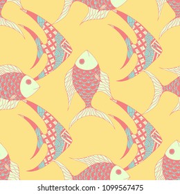 Exotic Fish. Seamless Pattern with Colorful Fish Hand Drawn in Doodle Style. Sea Pattern for Paper, Chintz, Print. Bright Simple Texture in Trendy Colors. Vector Illustration.