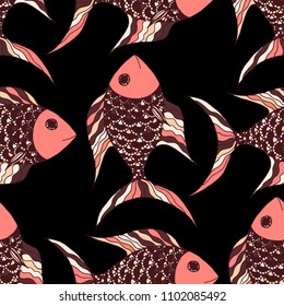 Exotic Fish. Seamless Pattern with Colorful Fish Hand Drawn in Comic Style. Sea Pattern for Textile, Fabric, Print. Bright Simple Texture in Trendy Colors. Vector Illustration.