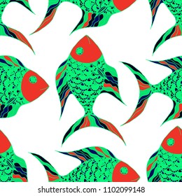 Exotic Fish. Seamless Pattern with Colorful Fish Hand Drawn in Childish Style. Sea Pattern for Paper, Chintz, Swimwear. Bright Simple Texture in Trendy Colors. Vector Illustration.