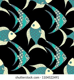 Exotic Fish. Seamless Pattern with Colorful Fish Hand Drawn in Doodle Style. Sea Pattern for Textile, Fabric, Print. Bright Simple Texture in Trendy Colors. Vector Illustration.