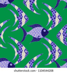 Exotic Fish. Seamless Pattern with Colorful Fish Hand Drawn in Comic Style. Sea Pattern for Paper, Chintz, Swimwear. Bright Simple Texture in Trendy Colors. Vector Illustration.
