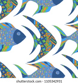 Exotic Fish. Seamless Pattern with Colorful Fish Hand Drawn in Primitive Style. Sea Pattern for Paper, Chintz, Swimwear. Bright Simple Texture in Trendy Colors. Vector Illustration.