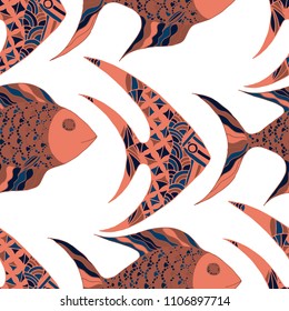 Exotic Fish. Seamless Pattern with Colorful Fish Hand Drawn in Primitive Style. Sea Pattern for Paper, Fabric, Print. Bright Simple Texture in Trendy Colors. Vector Illustration.