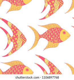 Exotic Fish. Seamless Pattern with Colorful Fish Hand Drawn in Primitive Style. Sea Pattern for Paper, Fabric, Print. Bright Simple Texture in Trendy Colors. Vector Illustration.