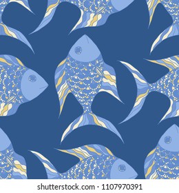 Exotic Fish. Seamless Pattern with Colorful Fish Hand Drawn in Doodle Style. Sea Pattern for Paper, Chintz, Swimwear. Bright Simple Texture in Trendy Colors. Vector Illustration.