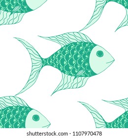 Exotic Fish. Seamless Pattern with Colorful Fish Hand Drawn in Comic Style. Sea Pattern for Paper, Chintz, Swimwear. Bright Simple Texture in Trendy Colors. Vector Illustration.