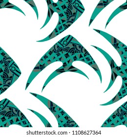 Exotic Fish. Seamless Pattern with Colorful Fish Hand Drawn in Doodle Style. Sea Pattern for Paper, Fabric, Print. Bright Simple Texture in Trendy Colors. Vector Illustration.