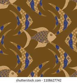 Exotic Fish. Seamless Pattern with Colorful Fish Hand Drawn in Zentangle Style. Sea Pattern for Paper, Fabric, Print. Bright Simple Texture in Trendy Colors. Vector Illustration.