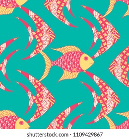Exotic Fish. Seamless Pattern with Colorful Fish Hand Drawn in Primitive Style. Sea Pattern for Paper, Chintz, Print. Bright Simple Texture in Trendy Colors. Vector Illustration.