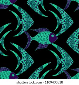 Exotic Fish. Seamless Pattern with Colorful Fish Hand Drawn in Zentangle Style. Sea Pattern for Paper, Chintz, Swimwear. Bright Simple Texture in Trendy Colors. Vector Illustration.