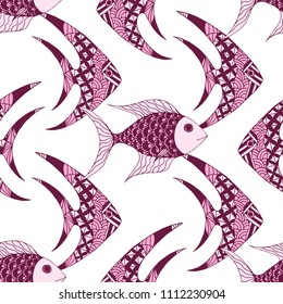 Exotic Fish. Seamless Pattern with Colorful Fish Hand Drawn in Zentangle Style. Sea Pattern for Paper, Chintz, Swimwear. Bright Simple Texture in Trendy Colors. Vector Illustration.