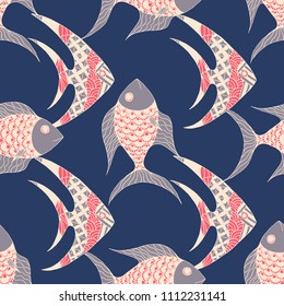 Exotic Fish. Seamless Pattern with Colorful Fish Hand Drawn in Childish Style. Sea Pattern for Textile, Fabric, Print. Bright Simple Texture in Trendy Colors. Vector Illustration.