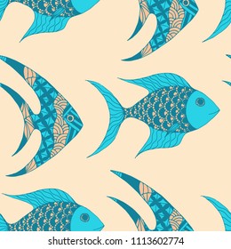 Exotic Fish. Seamless Pattern with Colorful Fish Hand Drawn in Comic Style. Sea Pattern for Paper, Chintz, Print. Bright Simple Texture in Trendy Colors. Vector Illustration.