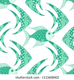 Exotic Fish. Seamless Pattern with Colorful Fish Hand Drawn in Primitive Style. Sea Pattern for Paper, Chintz, Swimwear. Bright Simple Texture in Trendy Colors. Vector Illustration.
