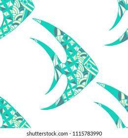 Exotic Fish. Seamless Pattern with Colorful Fish Hand Drawn in Doodle Style. Sea Pattern for Paper, Fabric, Print. Bright Simple Texture in Trendy Colors. Vector Illustration.