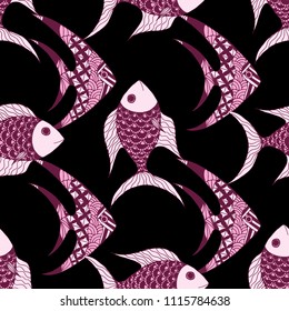 Exotic Fish. Seamless Pattern with Colorful Fish Hand Drawn in Primitive Style. Sea Pattern for Paper, Chintz, Print. Bright Simple Texture in Trendy Colors. Vector Illustration.