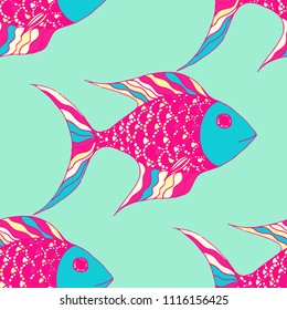 Exotic Fish. Seamless Pattern with Colorful Fish Hand Drawn in Zentangle Style. Sea Pattern for Textile, Fabric, Print. Bright Simple Texture in Trendy Colors. Vector Illustration.