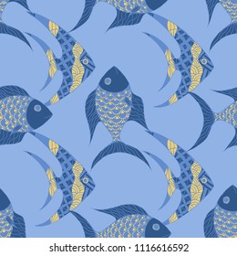 Exotic Fish. Seamless Pattern with Colorful Fish Hand Drawn in Primitive Style. Sea Pattern for Paper, Fabric, Print. Bright Simple Texture in Trendy Colors. Vector Illustration.
