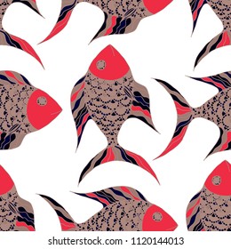 Exotic Fish. Seamless Pattern with Colorful Fish Hand Drawn in Primitive Style. Sea Pattern for Paper, Chintz, Swimwear. Bright Simple Texture in Trendy Colors. Vector Illustration.