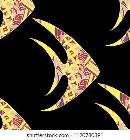 Exotic Fish. Seamless Pattern with Colorful Fish Hand Drawn in Primitive Style. Sea Pattern for Paper, Fabric, Print. Bright Simple Texture in Trendy Colors. Vector Illustration.