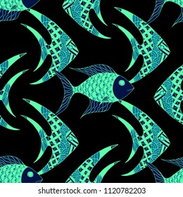 Exotic Fish. Seamless Pattern with Colorful Fish Hand Drawn in Zentangle Style. Sea Pattern for Textile, Fabric, Print. Bright Simple Texture in Trendy Colors. Vector Illustration.