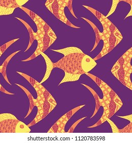 Exotic Fish. Seamless Pattern with Colorful Fish Hand Drawn in Comic Style. Sea Pattern for Paper, Chintz, Print. Bright Simple Texture in Trendy Colors. Vector Illustration.